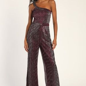 Glittery shiny purple one shoulder wide leg jumpsuit Lulu's Small